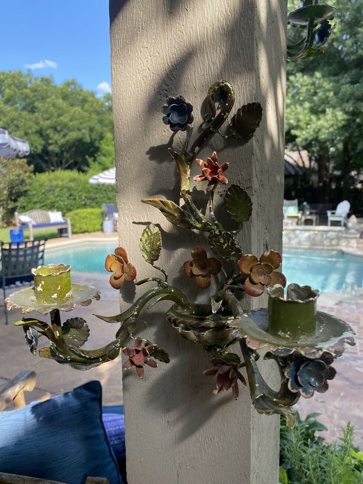 Pr Antique Italian Painted Chippy Tole Flower Leaf Candle Wall Sconces Enamel