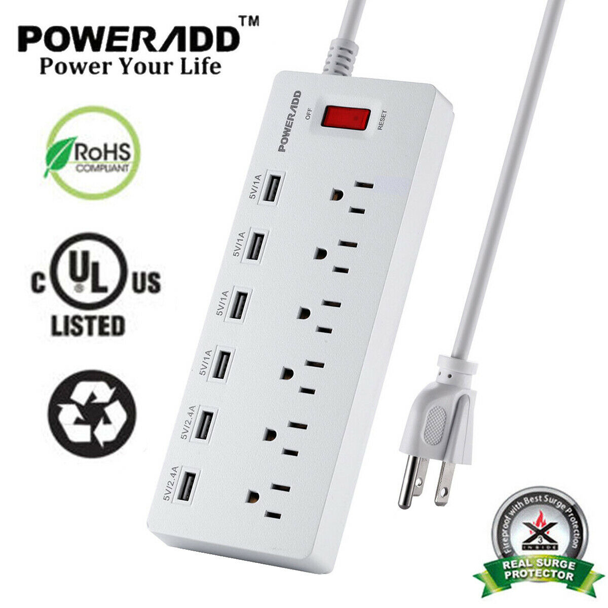 6ft 6 Outlet 6 Usb Charging Port Power Strip With Surge Protector Lightningproof