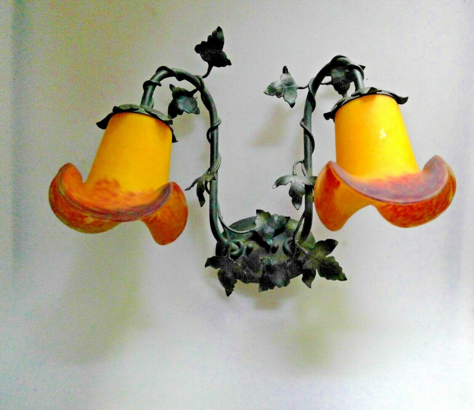 Floral Art Deco Wall Sconce Pate De Verre Art Glass Shades & Made In France Nos