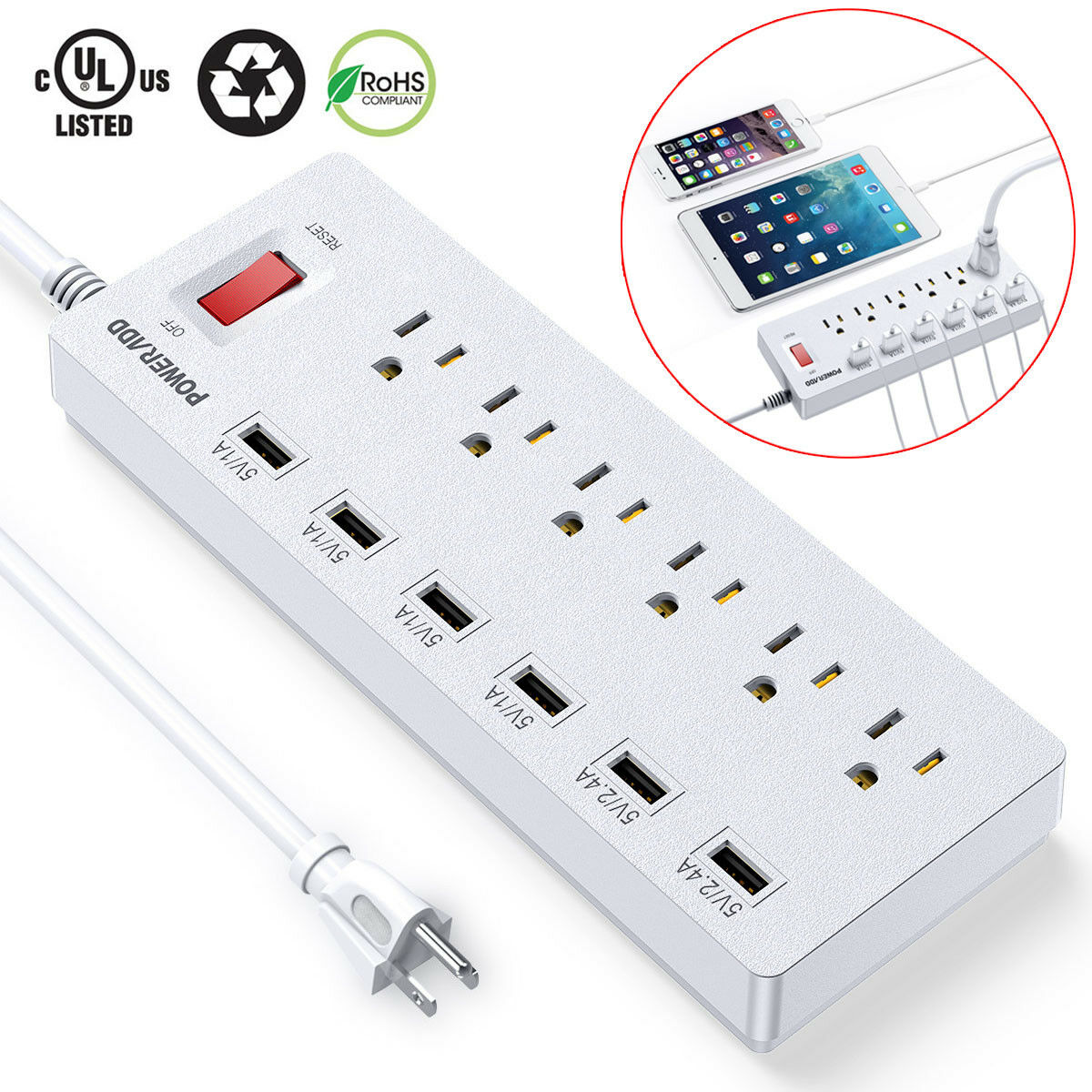 6 Outlet Surge Protector Power Strip With 6 Usb Charging Port Lightningproof