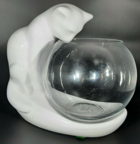Vintage Royal Haeger Pottery White Kitty Cat Watching Fish Bowl