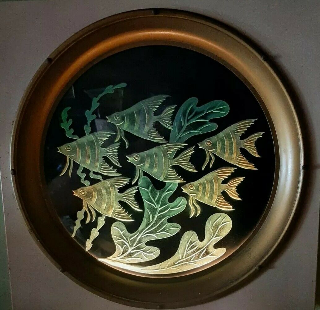 1940's Etched Glass Porthole Wall Sconce-3 Settings-fish In Kelp Bed-exceptional