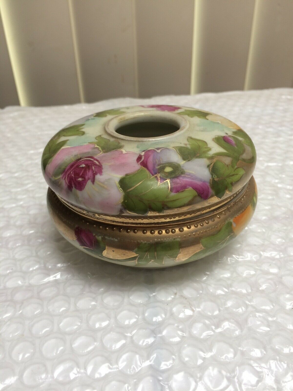 Vintage Nippon Hand Painted  Hair Receiver Multi Color Floral Gold Trim