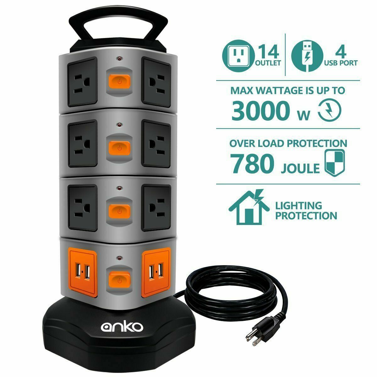 14 Outlet Plugs 4 Usb Power Strip Tower, Surge Protector Charging Station
