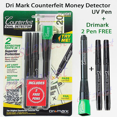Dri Mark Smart Money Counterfeit Detector Led Light Pen +2 Pen Free 351uvb