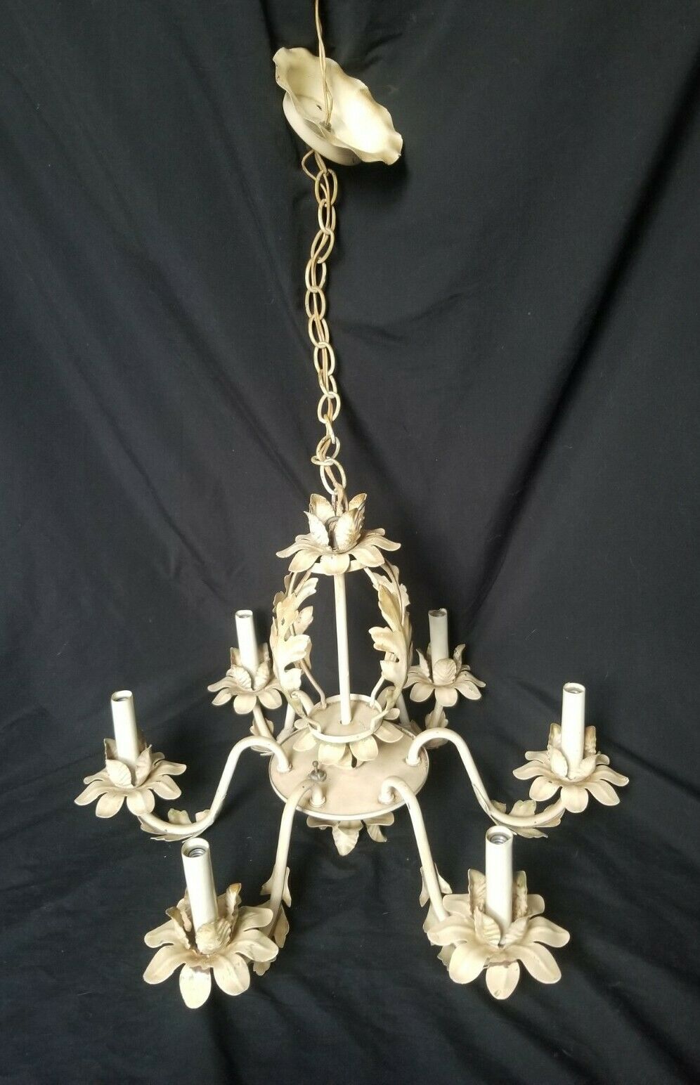 Vintage Metal Tole Flower Chandelier White 6 Arm Shabby Chic Country Decor Tlc